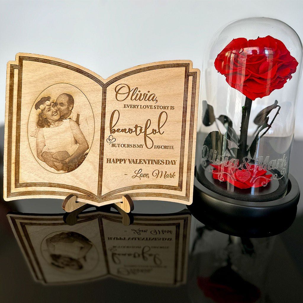 Personalized Engraved Wooden Love Story Book & Preserved Heart Rose In Engraved Glass Dome