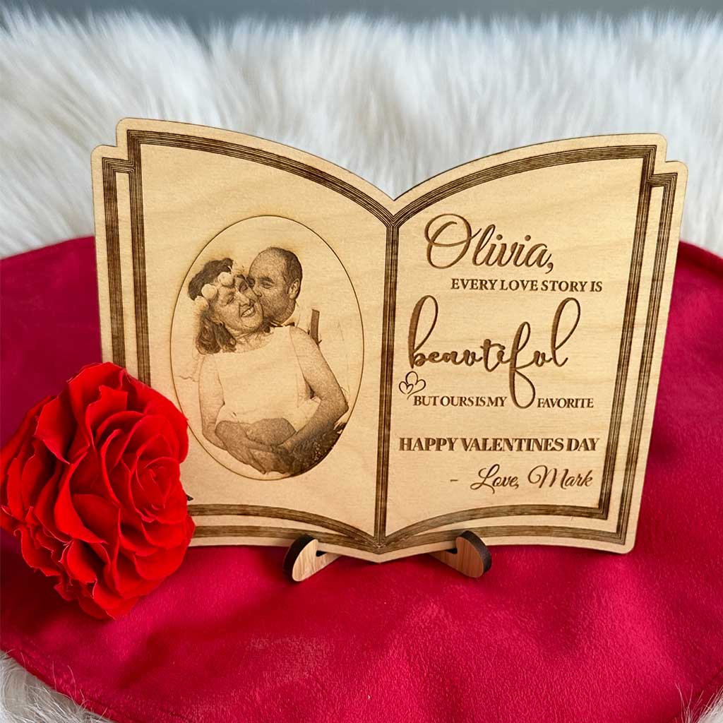 Personalized Engraved Wooden Love Story Book &amp; Preserved Heart Rose In Engraved Glass Dome