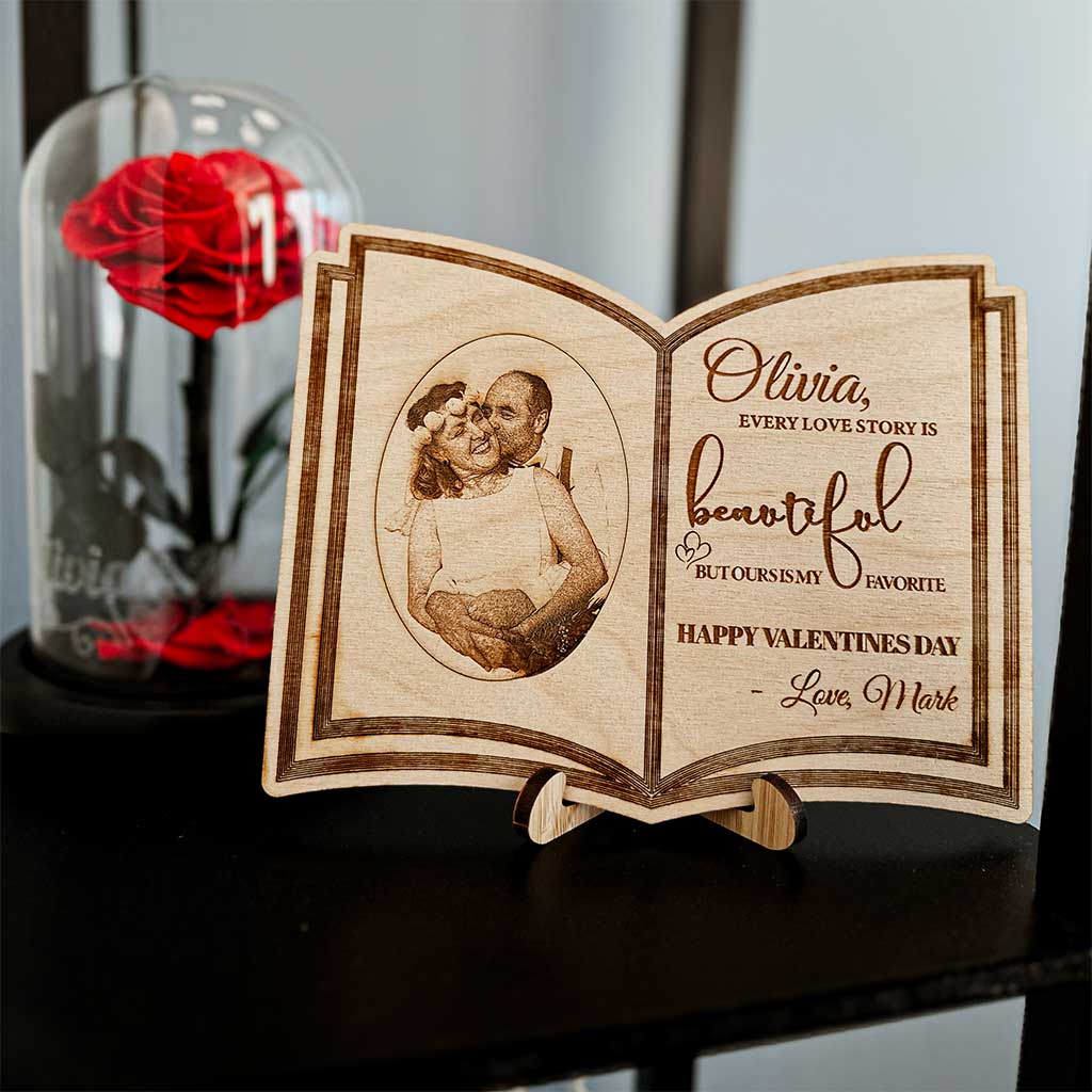 Personalized Engraved Wooden Love Story Book &amp; Preserved Heart Rose In Engraved Glass Dome