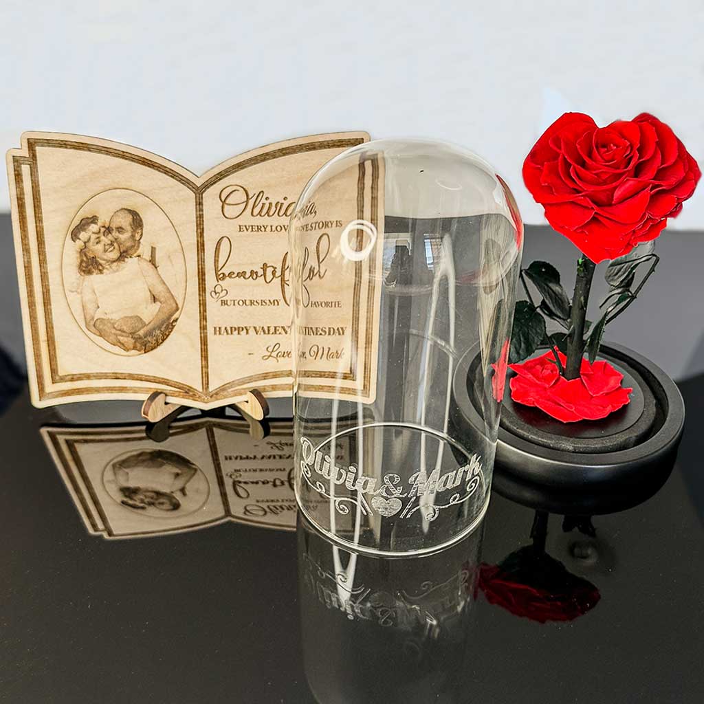 Personalized Engraved Wooden Love Story Book &amp; Preserved Heart Rose In Engraved Glass Dome