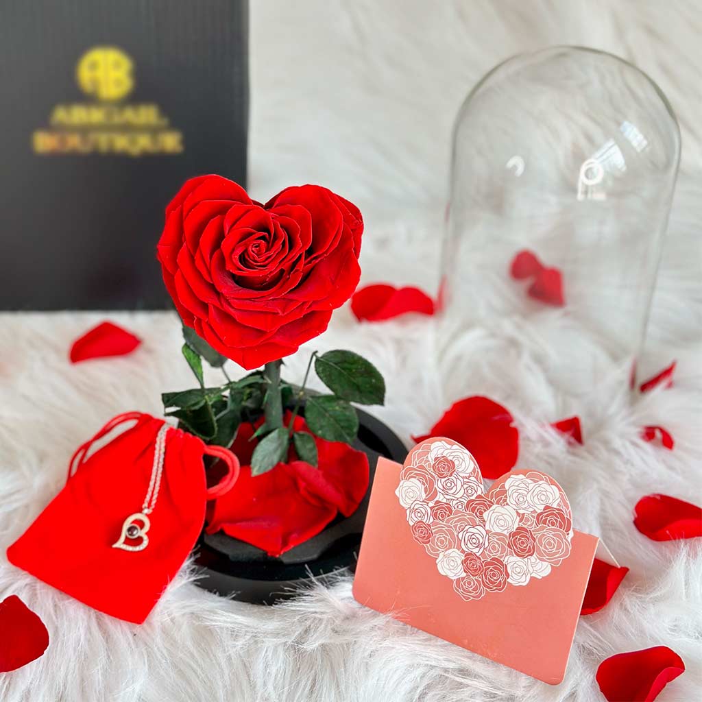 Personalized Engraved Wooden Love Story Book &amp; Preserved Heart Rose In Engraved Glass Dome