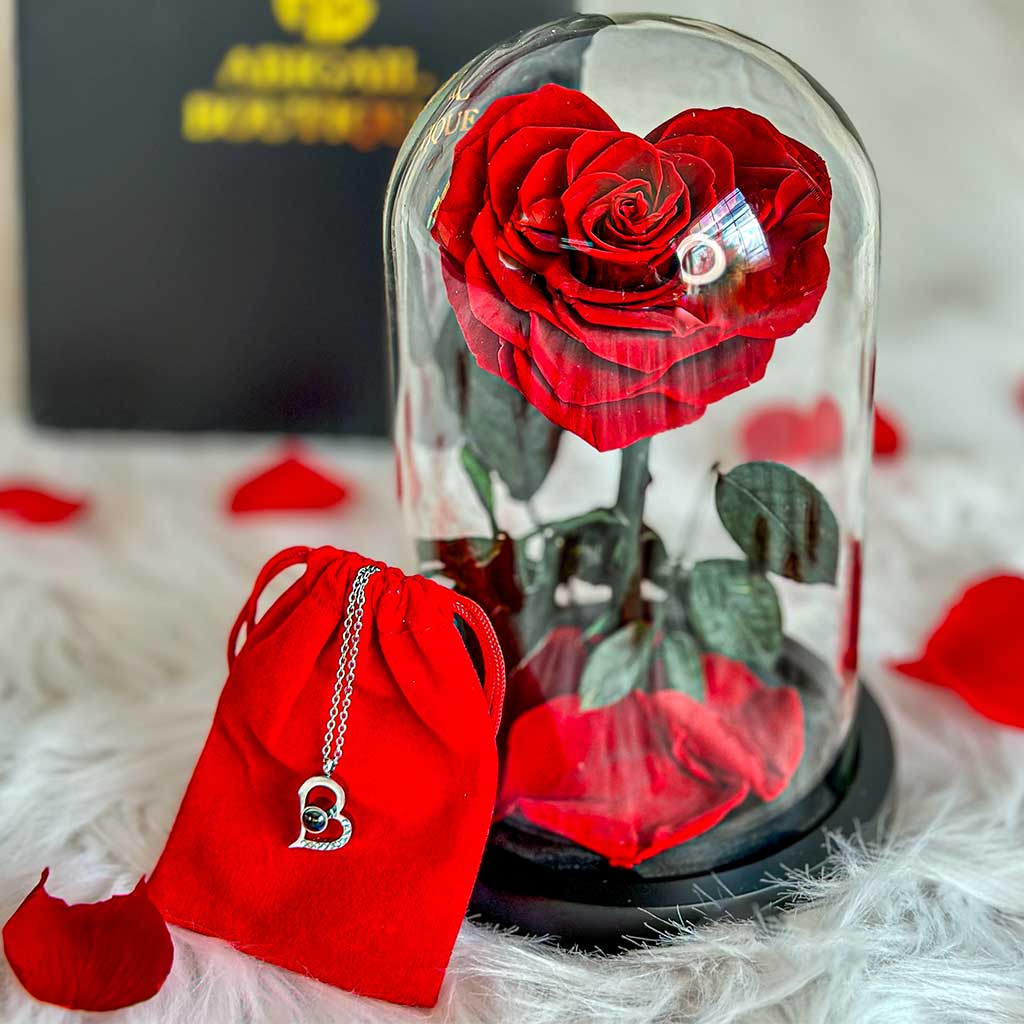 Personalized Engraved Wooden Love Story Book &amp; Preserved Heart Rose In Engraved Glass Dome