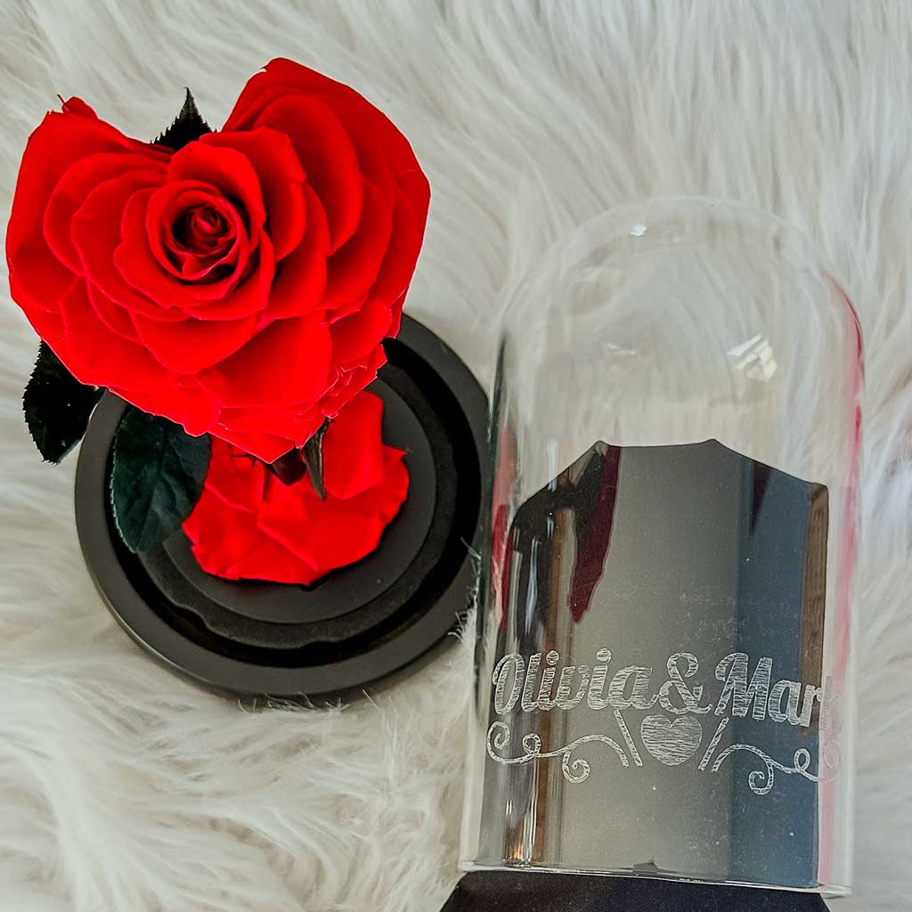Personalized Engraved Wooden Love Story Book &amp; Preserved Heart Rose In Engraved Glass Dome