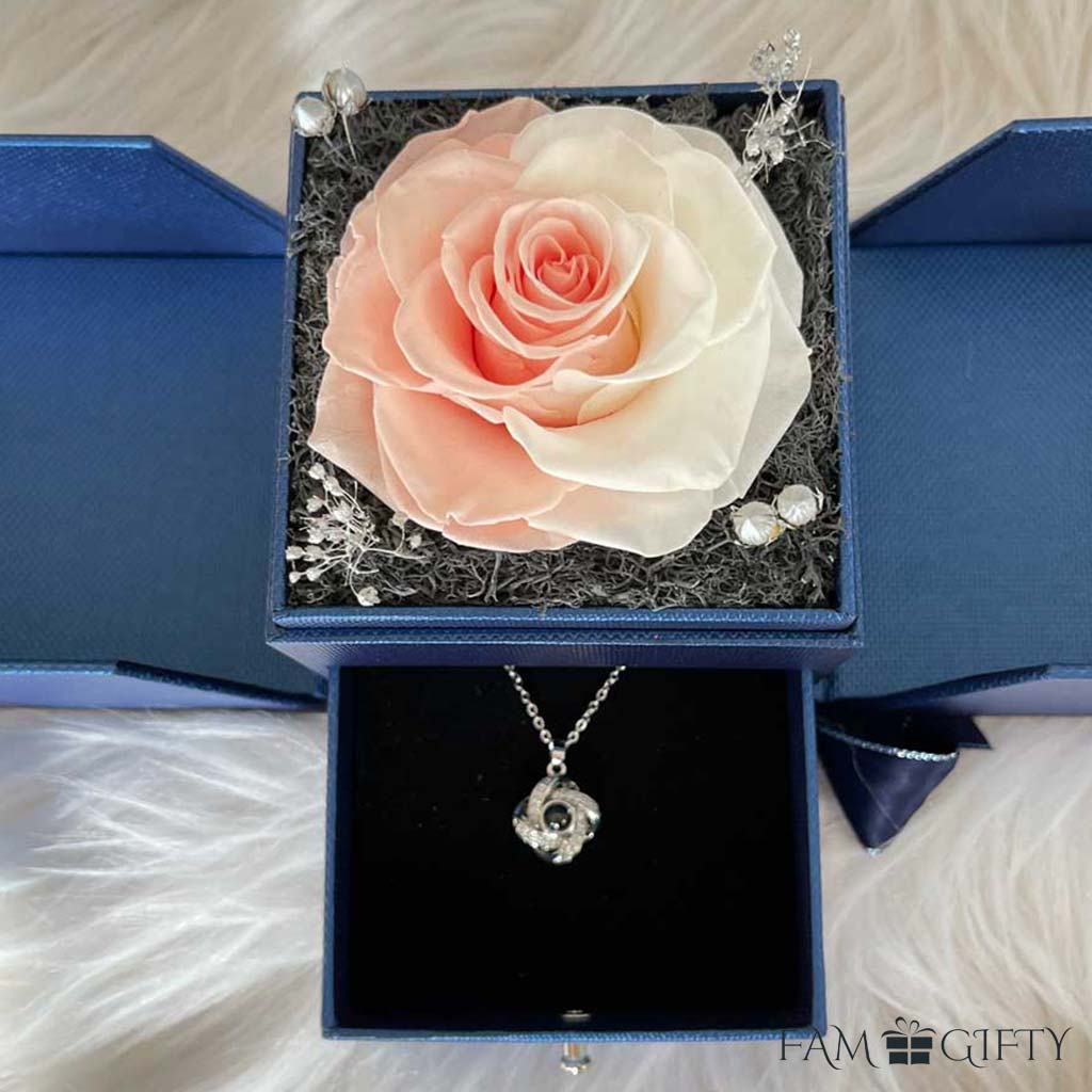 Love Knot Necklace With Preserved XL White-Pink Rose Jewelry Box - Famgifty