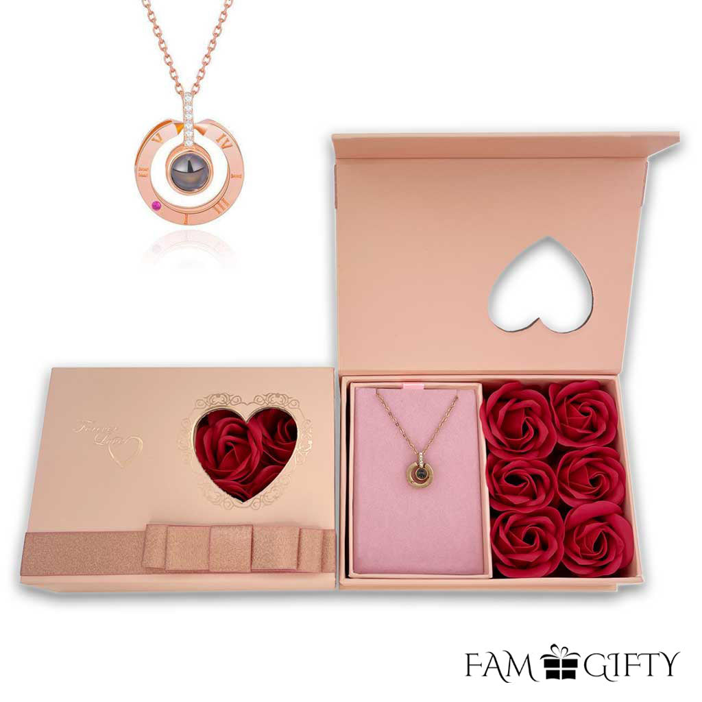 Half Dozen Mini Roses Jewelry Box with Love Necklace Set