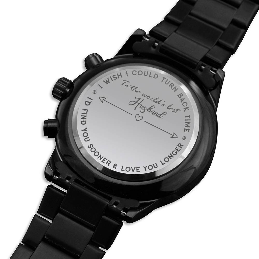 Engraved Black Chronograph Watch For Husband